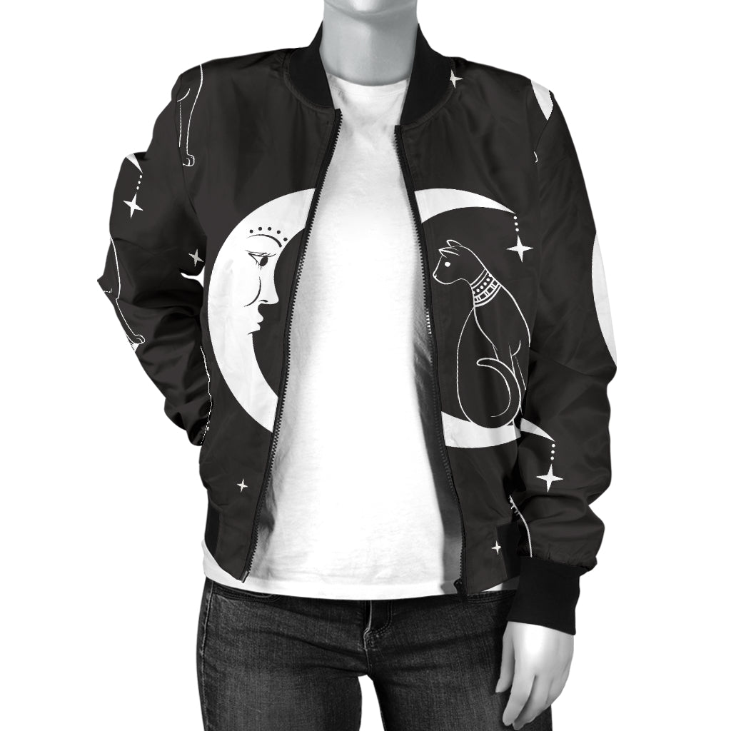 Moon with Cat Pattern Print Design 04 Women's Bomber Jacket