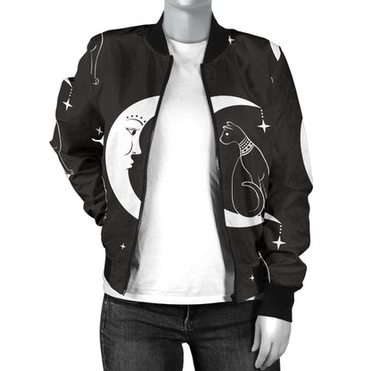 Moon with Cat Pattern Print Design 04 Women's Bomber Jacket