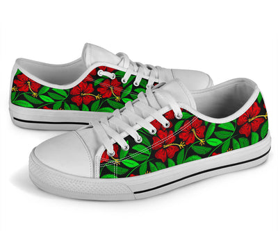 Red Hibiscus Embroidered Pattern Print Design HB032 White Bottom Low Top Shoes