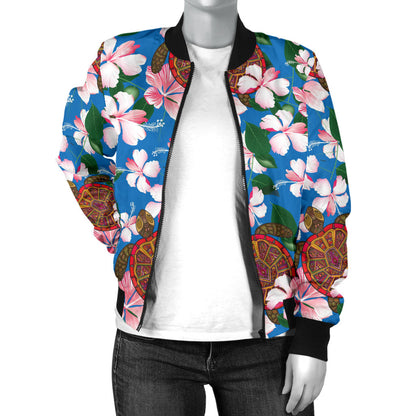 Sea Turtle Pink Hibiscus Hawaiian Print Women Bomber Jacket