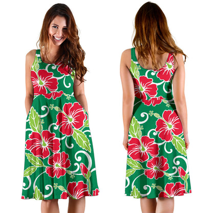 Red Hibiscus Pattern Print Design HB019 Midi Dress