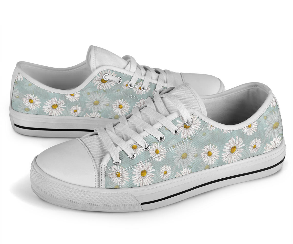 Daisy Pattern Print Design DS012 White Bottom Low Top Shoes