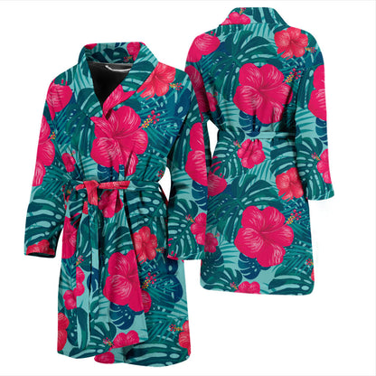 Red Hibiscus Pattern Print Design HB017 Men Bathrobe