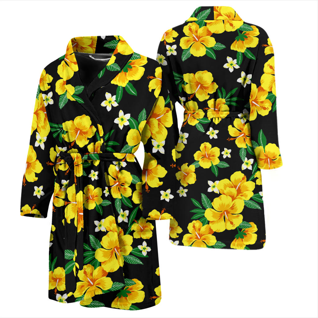 Yellow Hibiscus Pattern Print Design HB08 Men Bathrobe