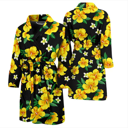 Yellow Hibiscus Pattern Print Design HB08 Men Bathrobe