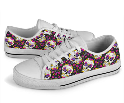 sugar skull Floral Pattern White Bottom Low Top Shoes