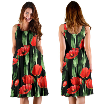 Tulip Red Pattern Print Design TP03 Midi Dress