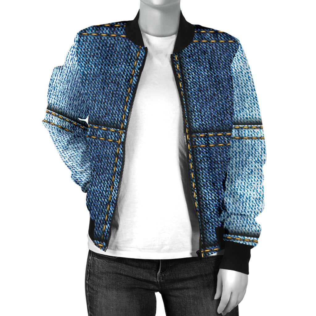 Jean Patchwork Pattern Print Design 02 Women's Bomber Jacket