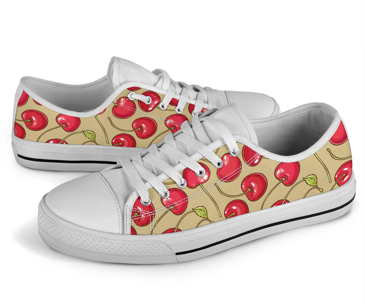 Cherry Pattern Print Design CH05 White Bottom Low Top Shoes