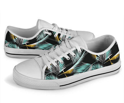 Gold Glitter Cyan Tropical Palm Leaves White Bottom Low Top Shoes