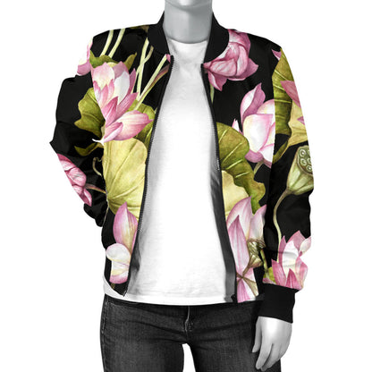 Water Lily Pattern Print Design WL06 Women Bomber Jacket
