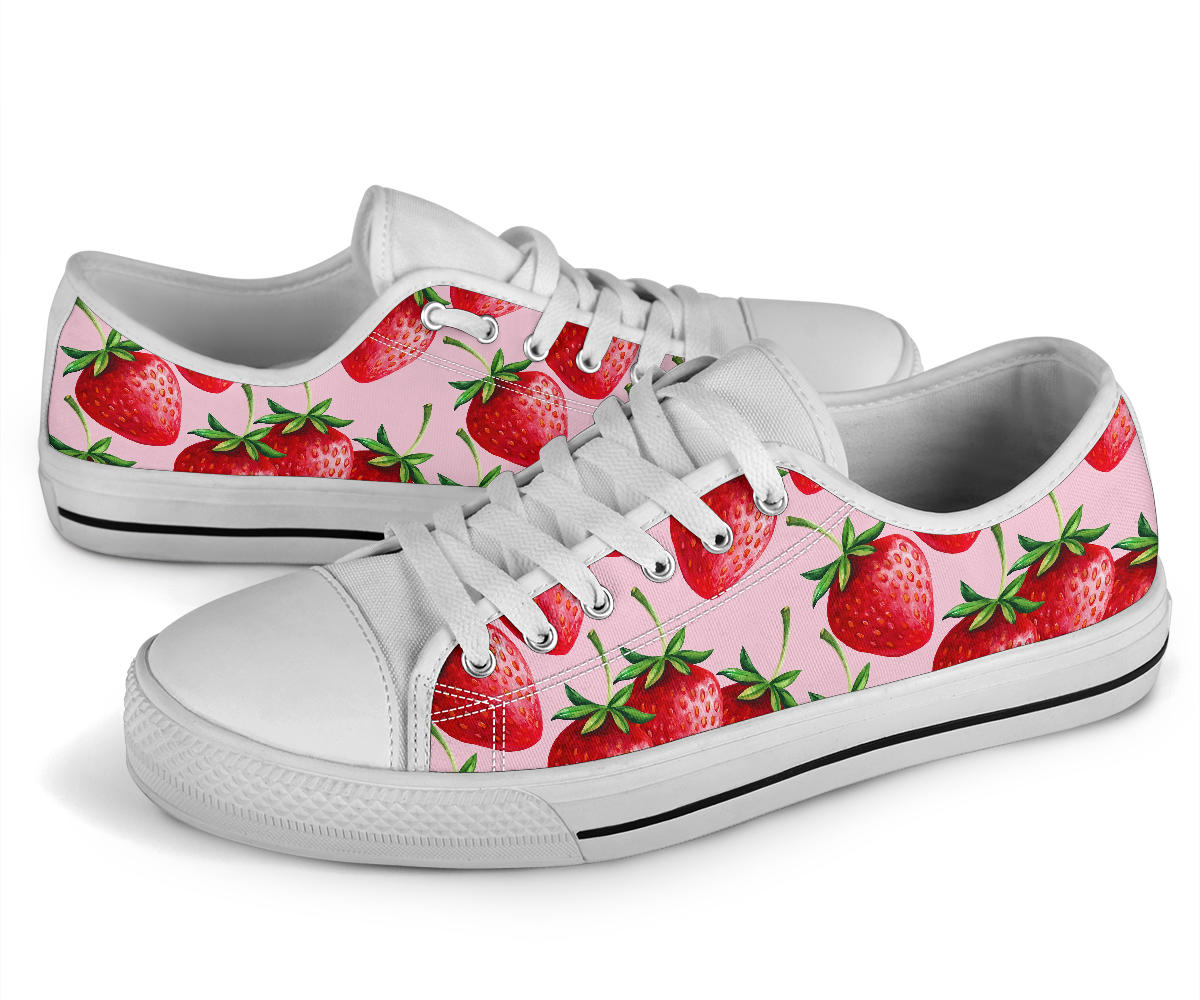 Strawberry Pattern Print Design SB03 White Bottom Low Top Shoes