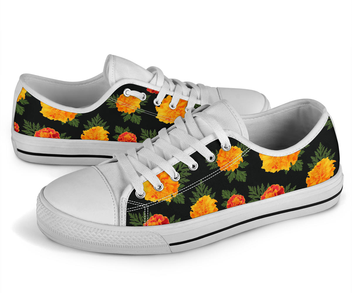 Marigold Pattern Print Design MR05 White Bottom Low Top Shoes