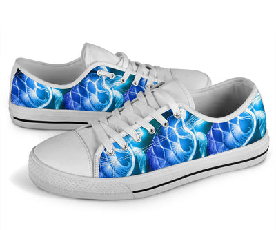 Blue Neon Sea Turtle Print White Bottom Low Top Shoes