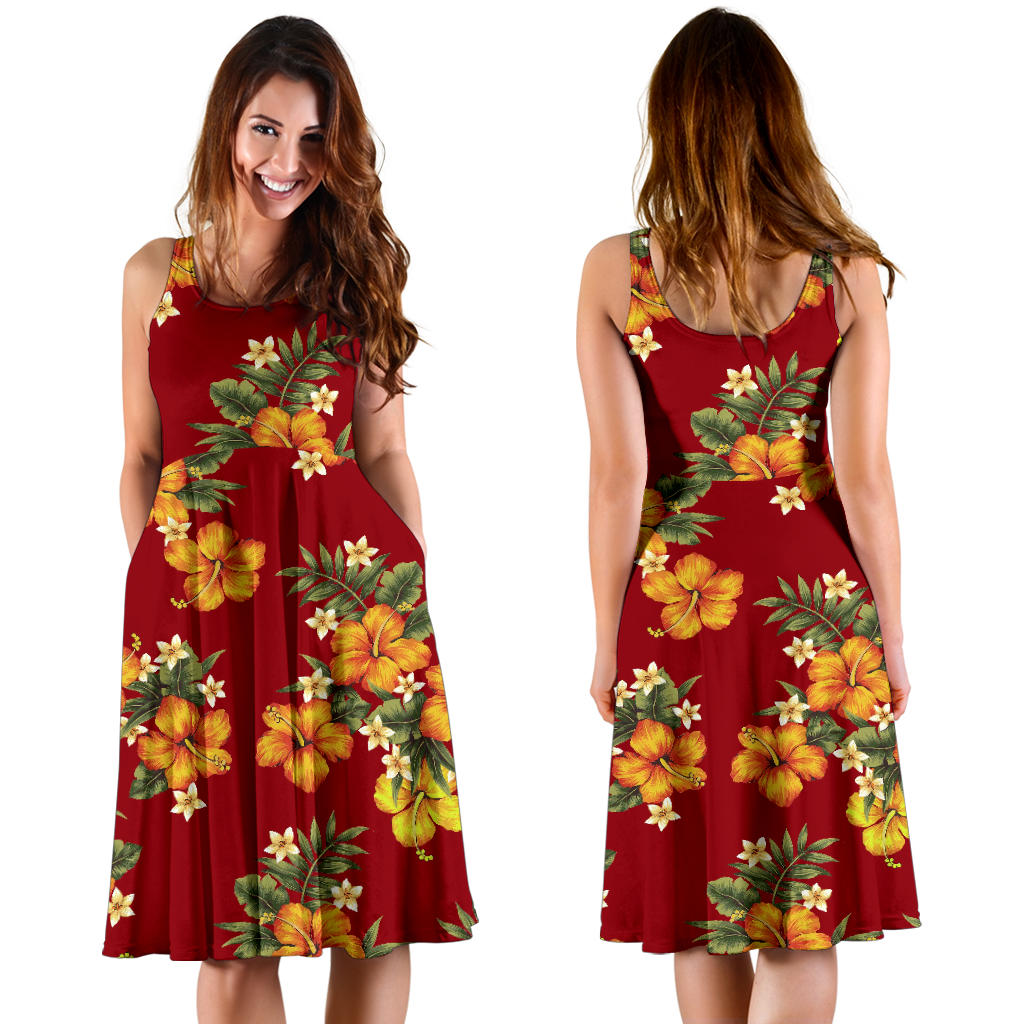 Orange Hibiscus Pattern Print Design HB026 Midi Dress