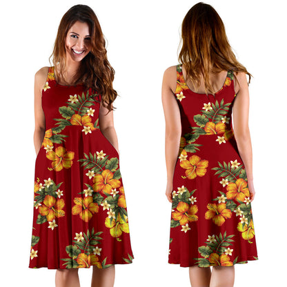 Orange Hibiscus Pattern Print Design HB026 Midi Dress