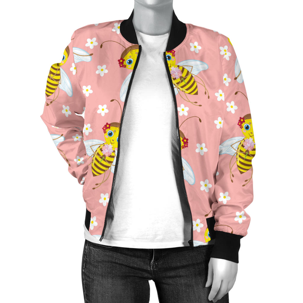 Bee Pattern Print Design BEE07 Women Bomber Jacket