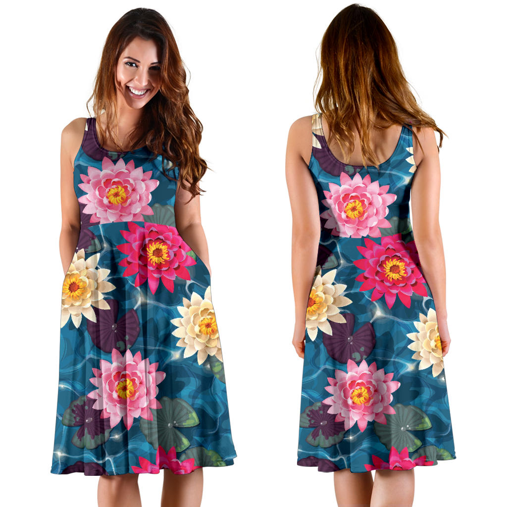 Water Lily Pattern Print Design WL05 Midi Dress