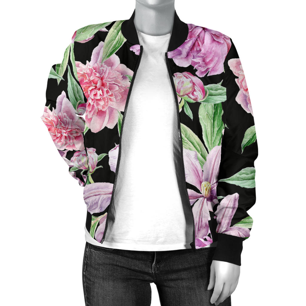 Peony Pattern Print Design PE08 Women Bomber Jacket