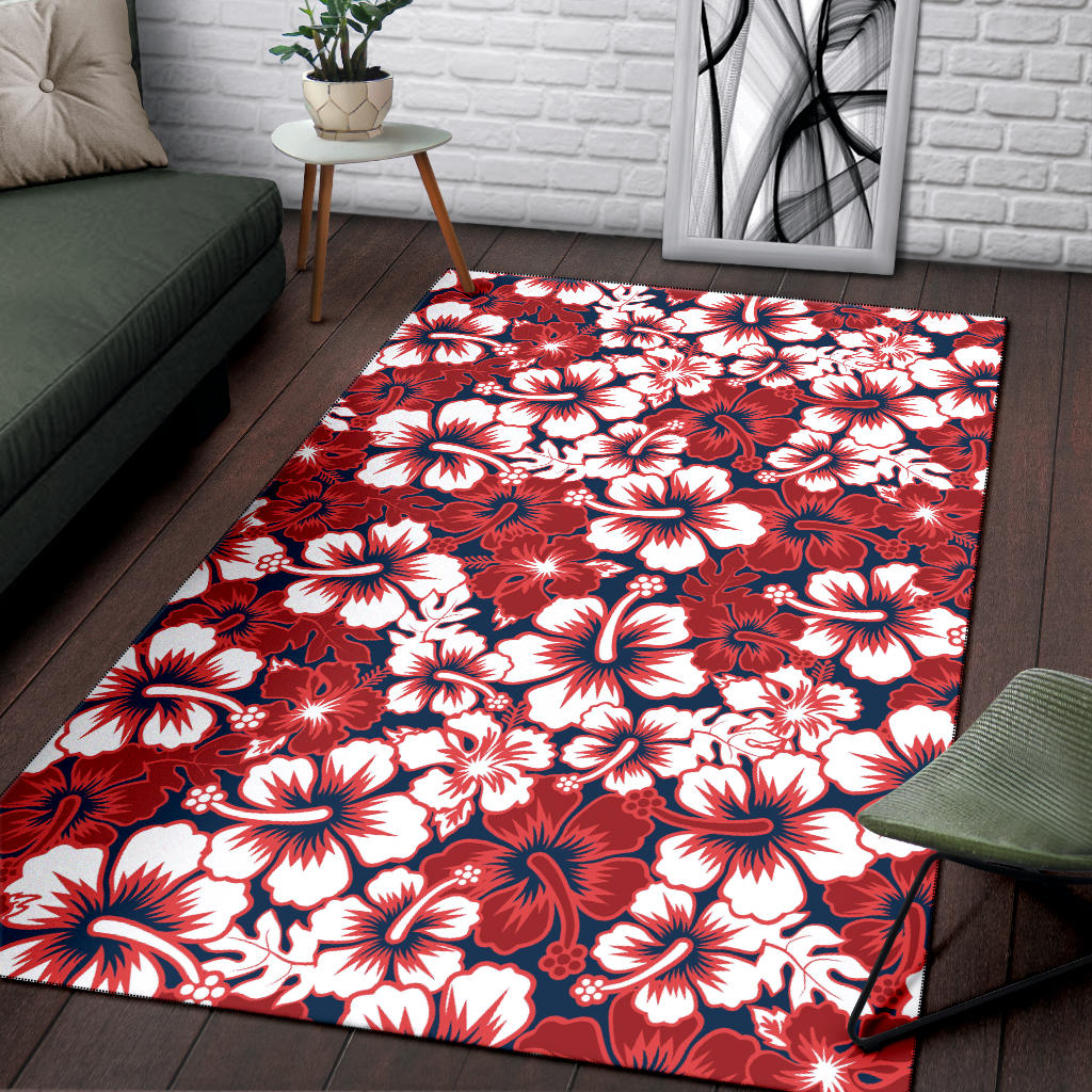 Red Hibiscus Pattern Print Design HB01 Area Rugs