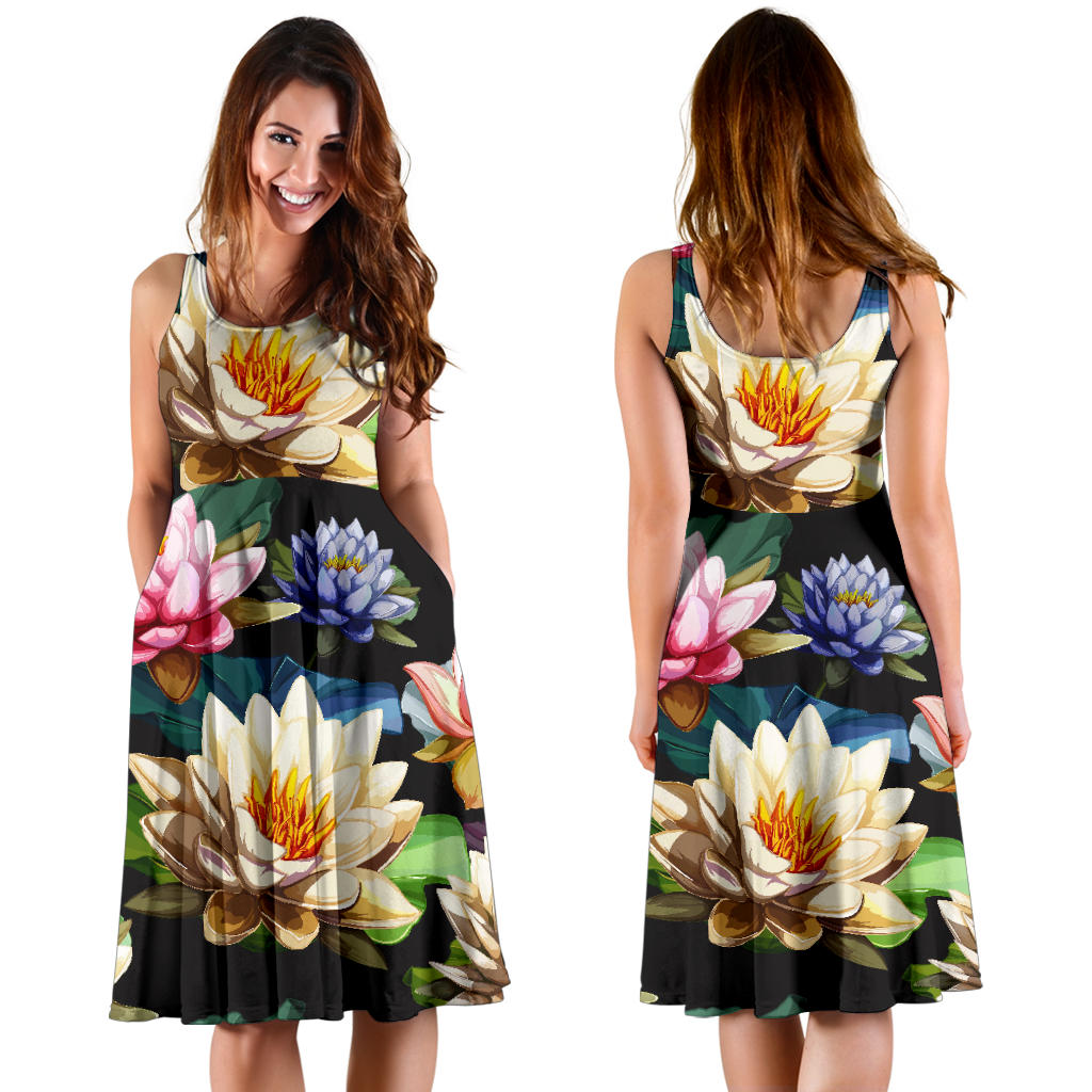 Water Lily Pattern Print Design WL02 Midi Dress