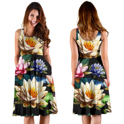 Water Lily Pattern Print Design WL02 Midi Dress