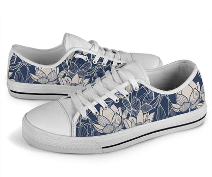 Water Lily Pattern Print Design WL04 White Bottom Low Top Shoes