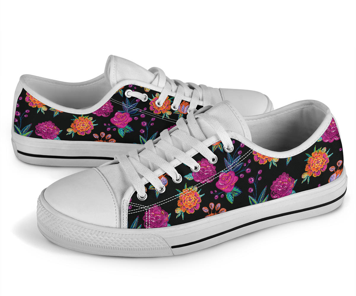 Marigold Pattern Print Design MR02 White Bottom Low Top Shoes