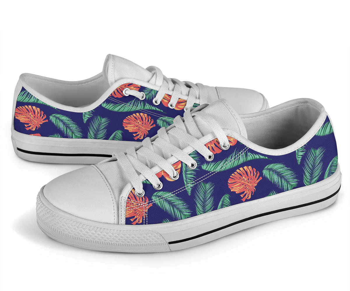 Palm Leaves Pattern Print Design PL011 White Bottom Low Top Shoes
