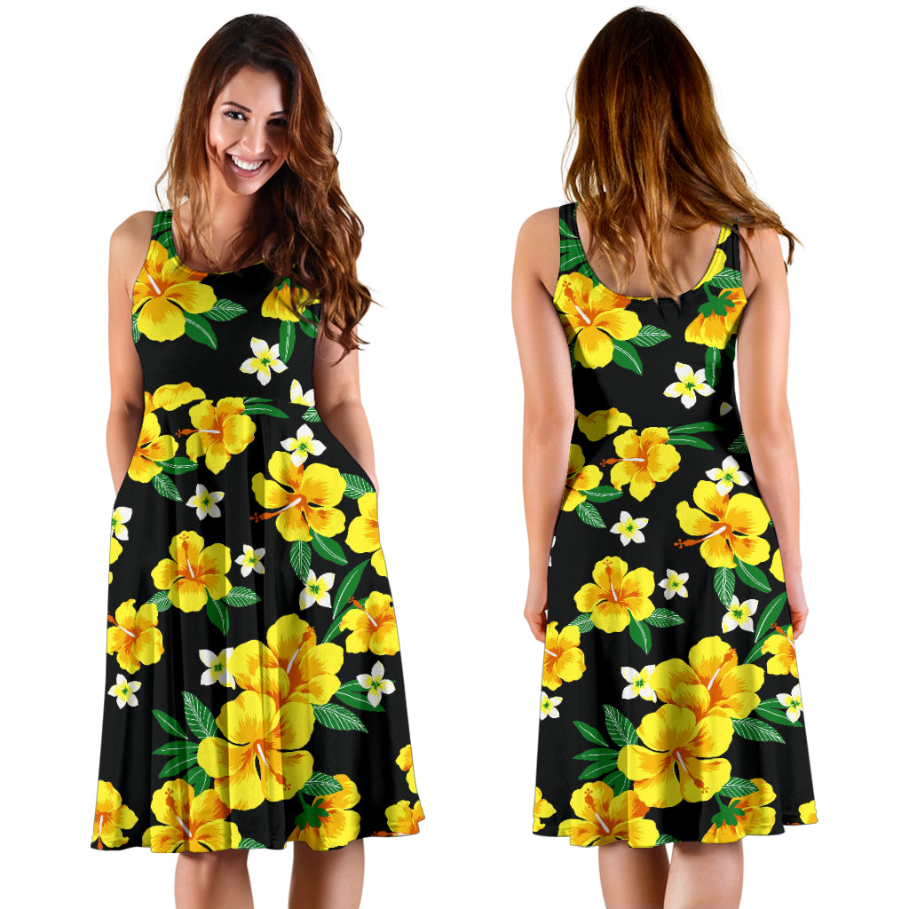 Yellow Hibiscus Pattern Print Design HB08 Midi Dress