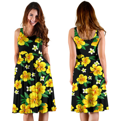 Yellow Hibiscus Pattern Print Design HB08 Midi Dress