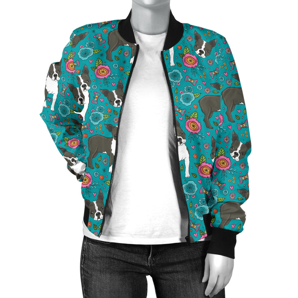 Boston Terrier Pattern Print Design 07 Women's Bomber Jacket