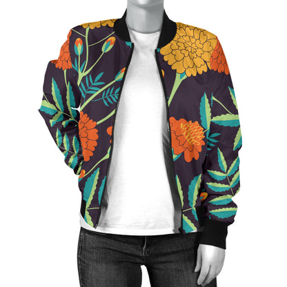 Marigold Pattern Print Design MR01 Women Bomber Jacket