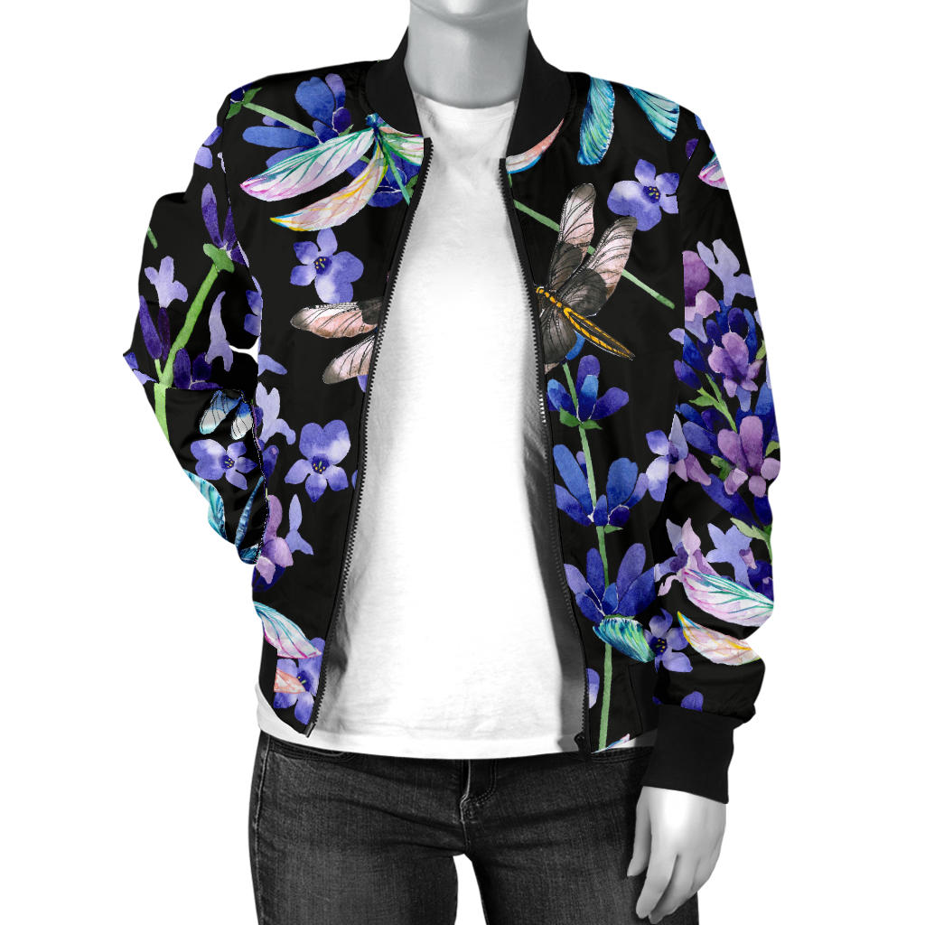 Lavender Dragonfly Pattern Print Design LV03 Women Bomber Jacket