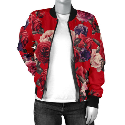 Rose Red Pattern Print Design RO07 Women Bomber Jacket