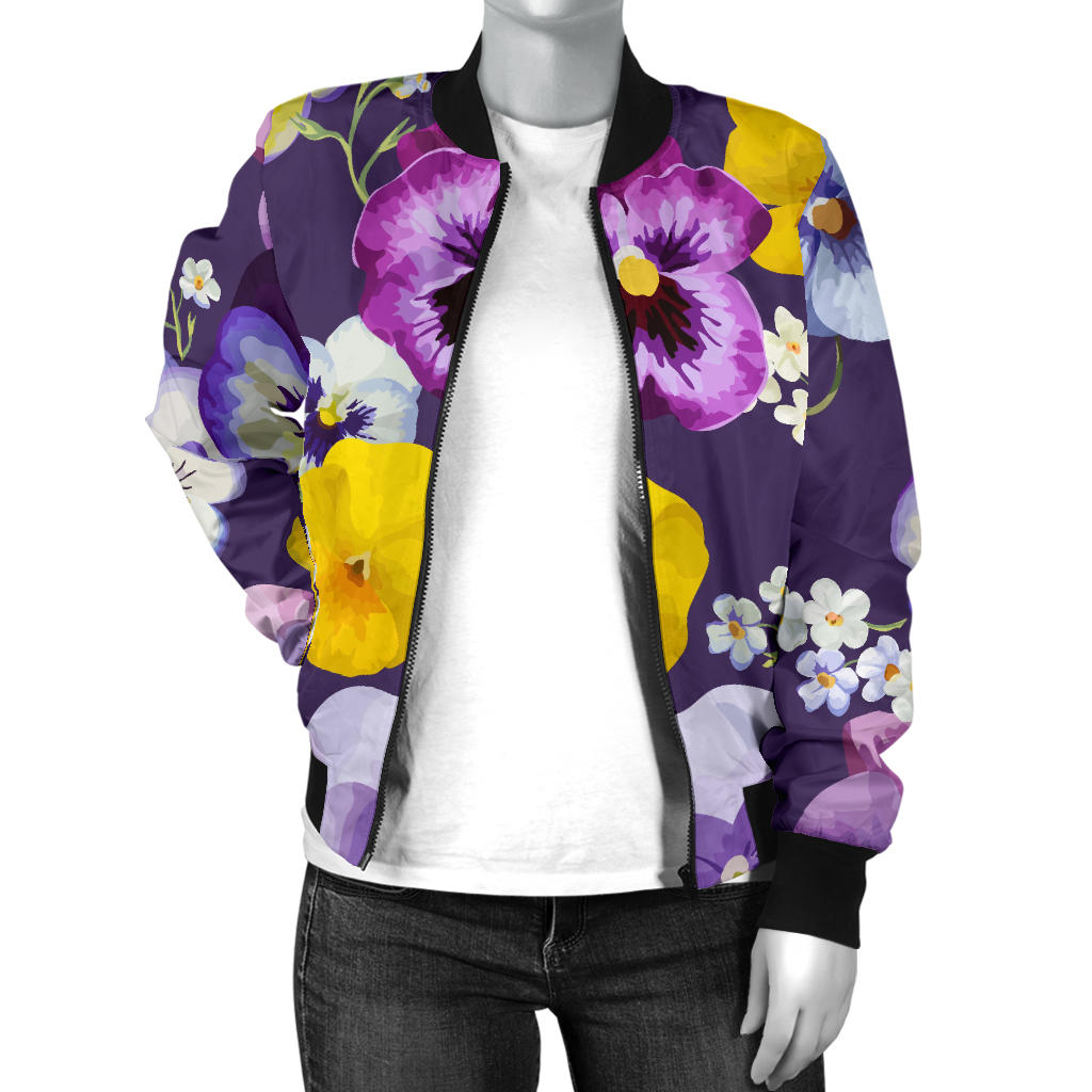 Pansy Pattern Print Design PS02 Women Bomber Jacket