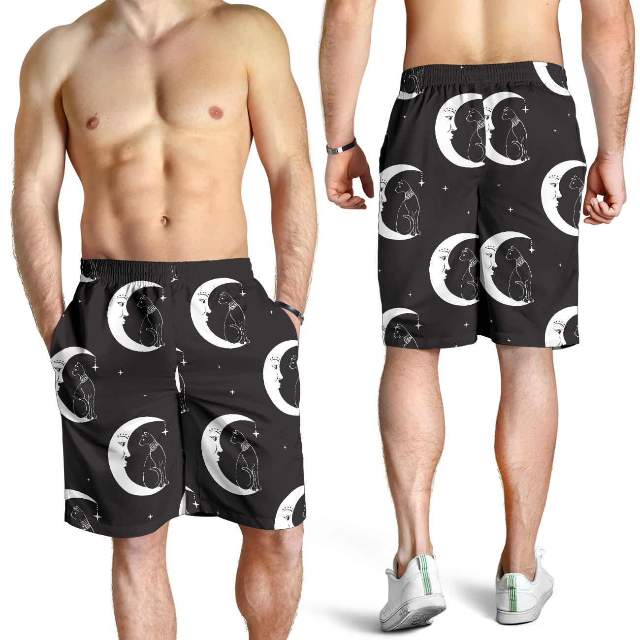 Moon with Cat Pattern Print Design 04 Mens Shorts