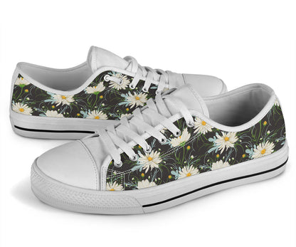 Daisy Pattern Print Design DS08 White Bottom Low Top Shoes