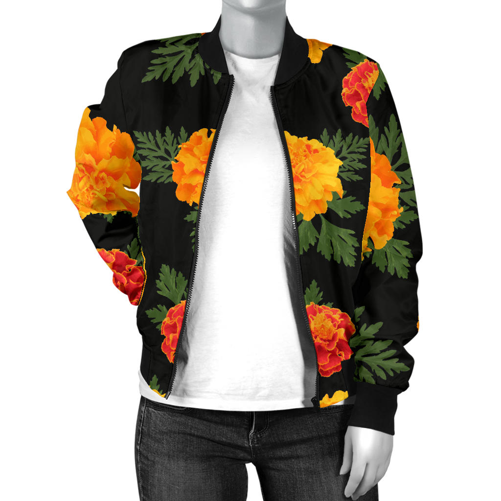 Marigold Pattern Print Design MR05 Women Bomber Jacket