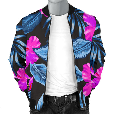 Neon Pink Hibiscus Pattern Print Design HB015 Men Bomber Jacket