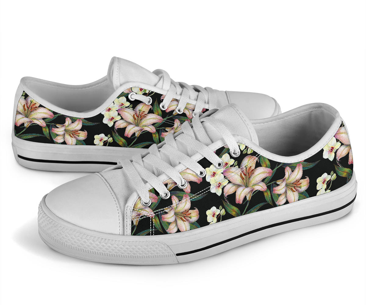 Lily Pattern Print Design LY03 White Bottom Low Top Shoes