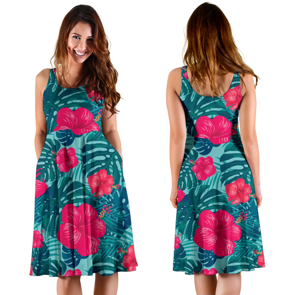 Red Hibiscus Pattern Print Design HB017 Midi Dress