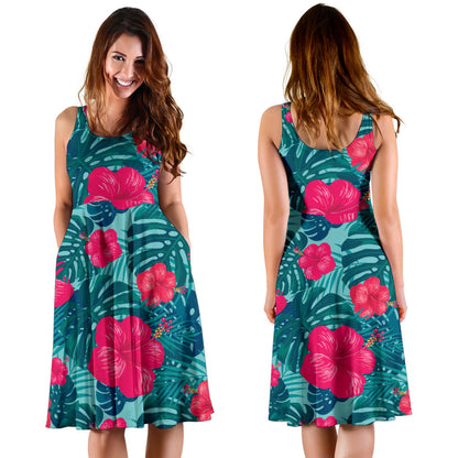 Red Hibiscus Pattern Print Design HB017 Midi Dress