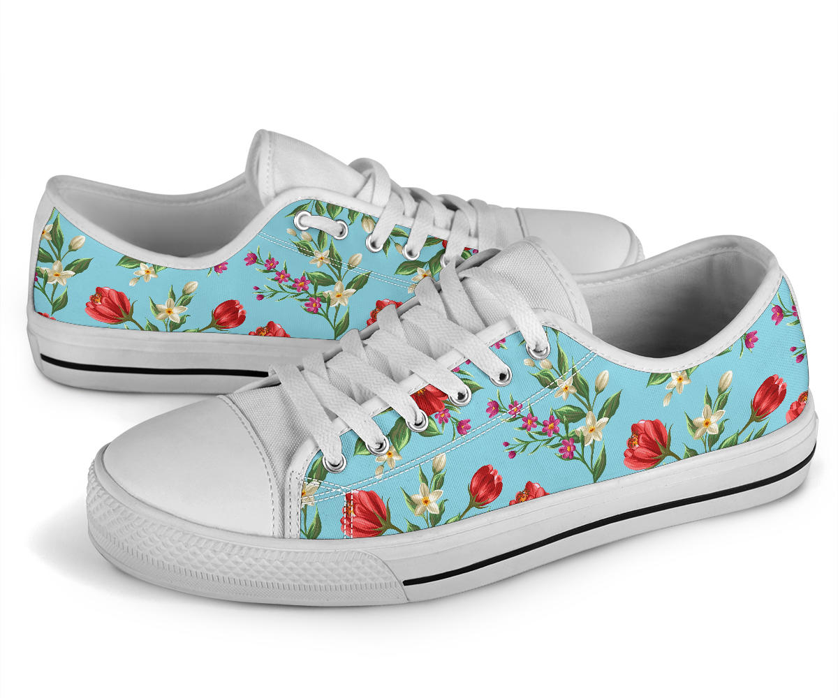 Summer Floral Pattern Print Design SF011 White Bottom Low Top Shoes