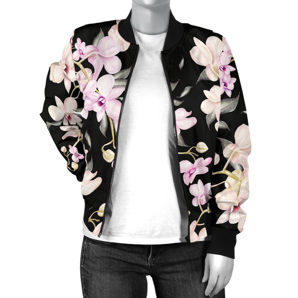 Orchid White Pattern Print Design OR03 Women Bomber Jacket