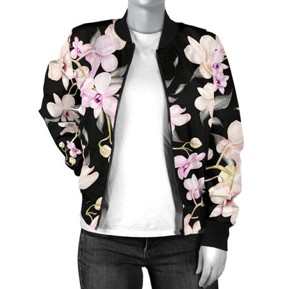 Orchid White Pattern Print Design OR03 Women Bomber Jacket