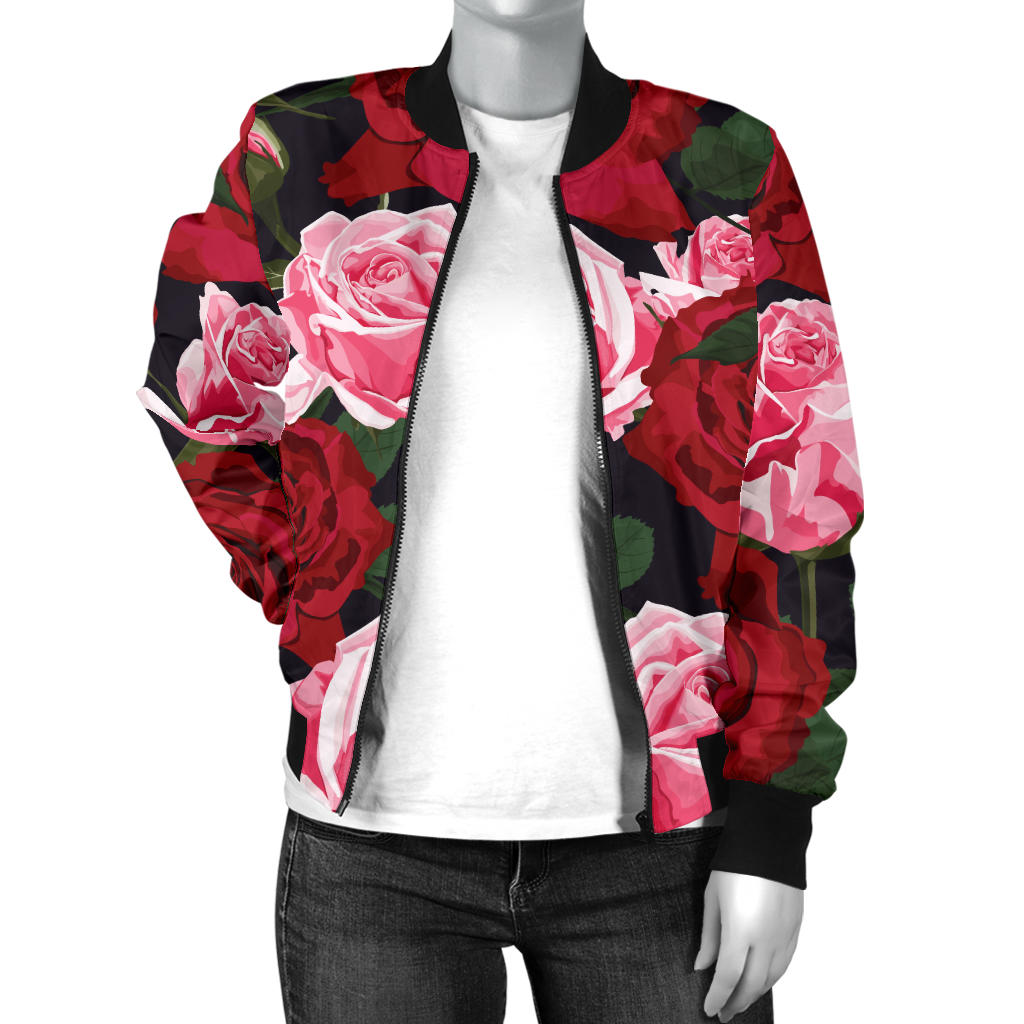 Rose Red Pink Pattern Print Design RO01 Women Bomber Jacket