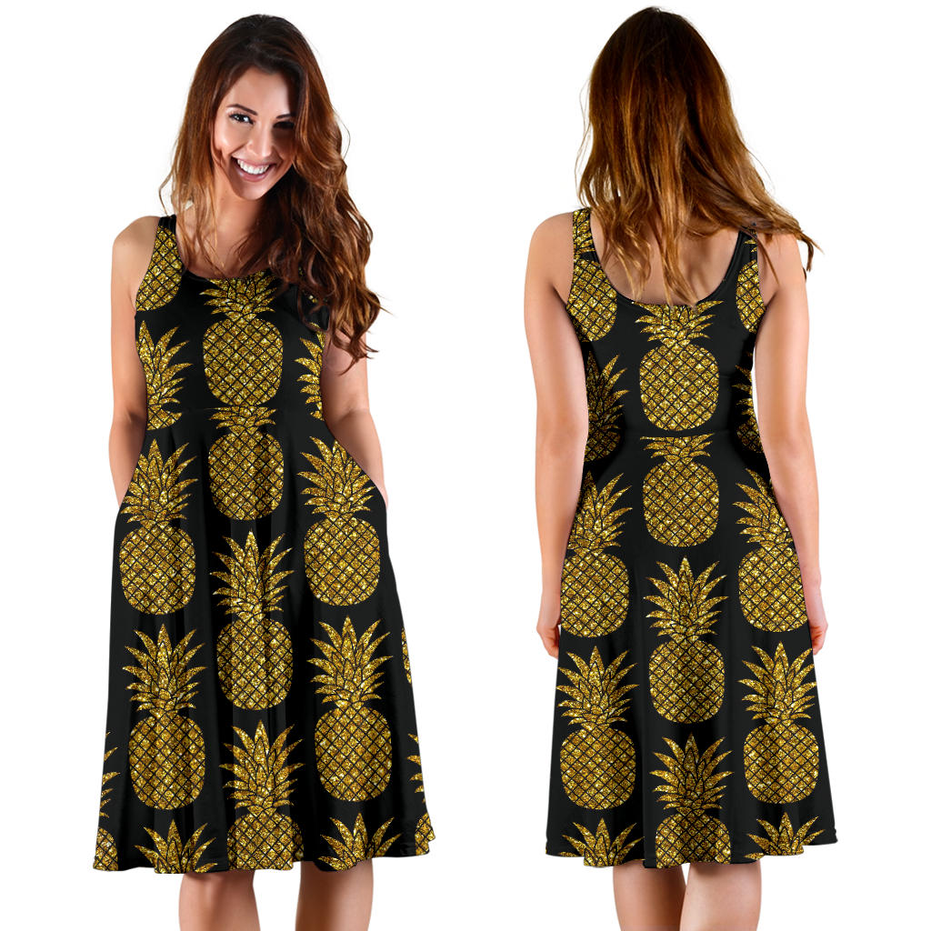 Gold Pineapple Pattern Print Design PP011 Midi Dress