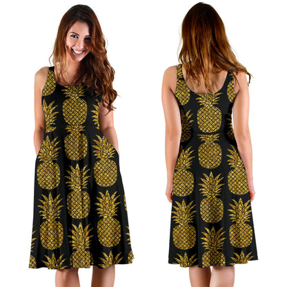 Gold Pineapple Pattern Print Design PP011 Midi Dress