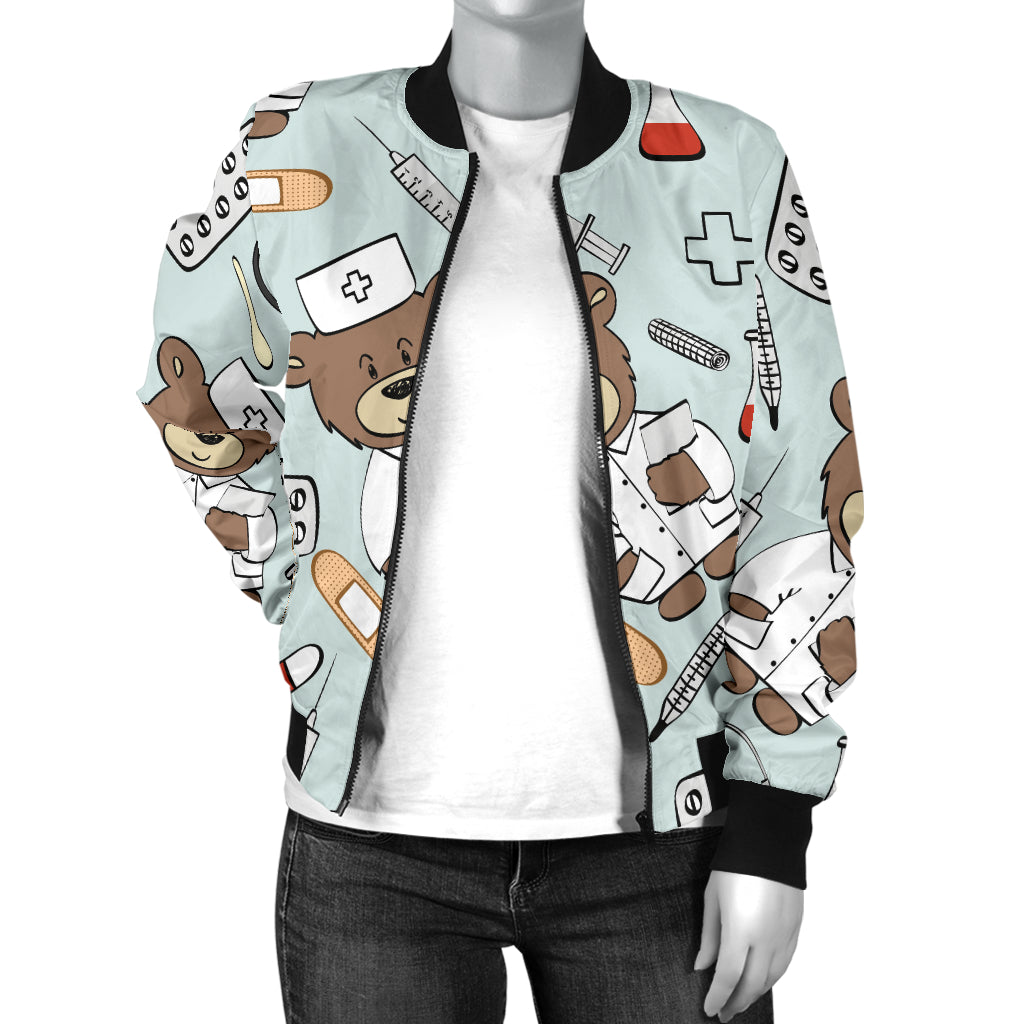 Nurse Bear Pattern Print Design A01 Women's Bomber Jacket